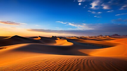 Naklejka premium Warm Sunset Glow Illuminating the Serene Curves of Distant Desert Dunes Stretching to the Horizon (60)