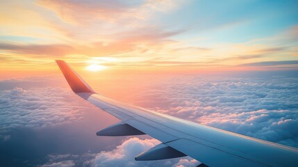 Obraz premium A tranquil view of the early morning sky from an airplane window, with soft pastel hues and the sun rising over a layer of clouds