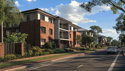 Modern living spaces showcased in a newly built suburban apartment complex.