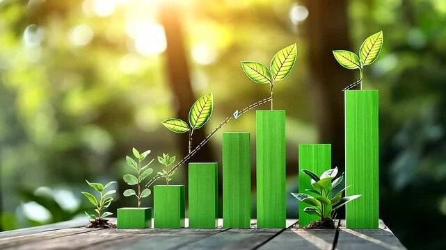 A layered green bar chart illustrating quarterly eco-investment returns, with icons of plants and renewable resources enhancing the theme of sustainability