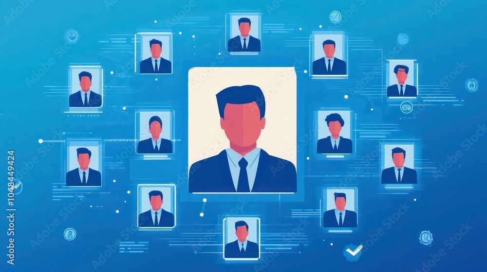 Aufkleber a blue background with a network of connected profile pictures, representing a professional network 