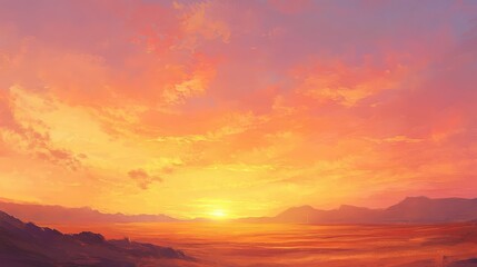 A vibrant morning sky at dawn with warm orange and pink tones, casting a golden glow on the landscape as the sun peeks over the horizon