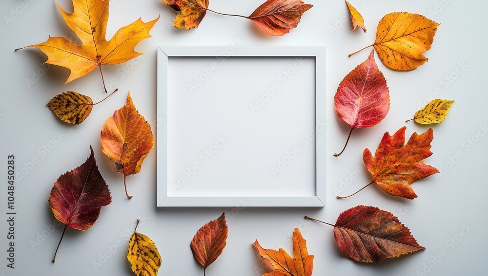 Poster autumn flat lay composition with colorful leaves and an empty white frame on a white background. thi