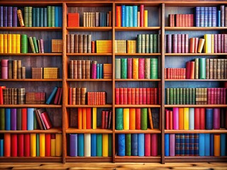 Fototapeta premium Colorful Bookshelf Filled with Vibrant Books Perfect for Book Lovers and Students in a Cozy Reading Nook with Bright Atmosphere and Copy Space for Text