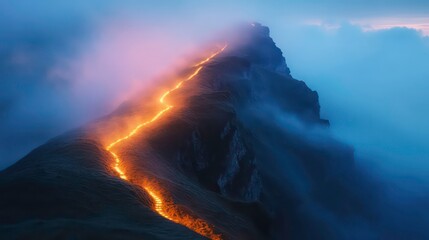 A winding path illuminated by golden light snakes its way up a mountain ridge, disappearing into the misty clouds above.