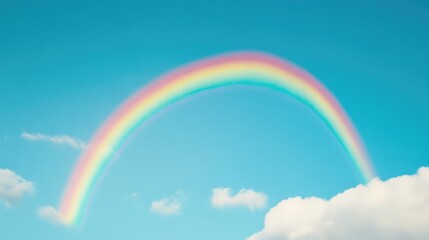A vibrant rainbow arcing across a clear blue sky after a light rain, with faint clouds scattered in the background