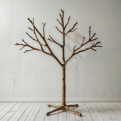 Minimalist Tree Branch Coat Rack – A slim metal coat rack inspired by the natural form of a tree branch, with simple hooks at different heights, set against a white background