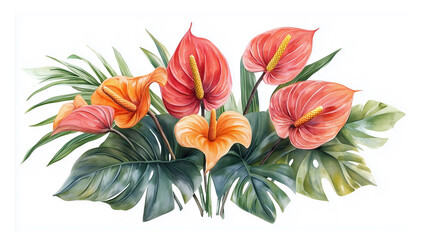 Fototapeta premium Watercolor anthurium flowers hibiscus and monstera leaves.