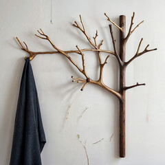 Minimalist Tree Branch Coat Rack – A slim metal coat rack inspired by the natural form of a tree branch, with simple hooks at different heights, set against a white background