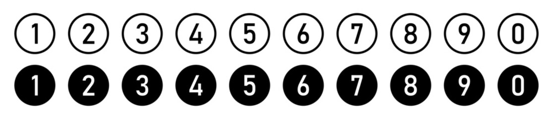 Set of 1 to 9 numbers simple design isolated. Typography set of rounds 1 to 9 Numbers. Numeral typographic line and flat icons set. Bullet point number icon collection. Vector illustration.