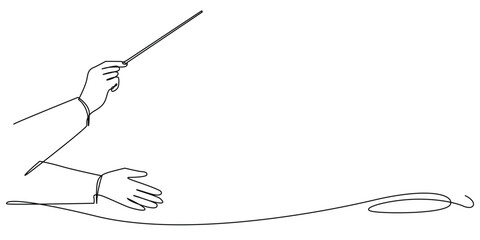 continuous line of music conductor's hand with baton.one line drawing of orchestra music.single line vector illustration of conductor directing music players.isolated white background © vionaembun42