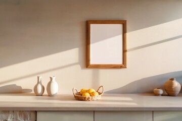 Blank frame with basket of lemons and pottery vases on kitchen counter