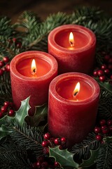 Cozy third Advent arrangement with three candles, holly leaves, red berries, and pine branches, creating a warm holiday ambiance. Traditional Christmas photography..
