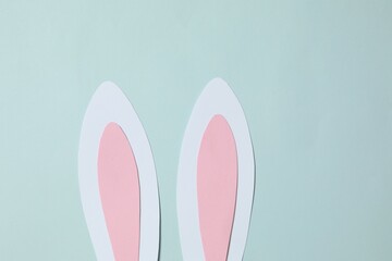 Easter decor concept. Top photo of Easter bunny ears on colored background 