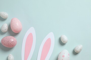 Easter decor concept. Top photo of Easter bunny ears, various eggs and Easter decor on colored...