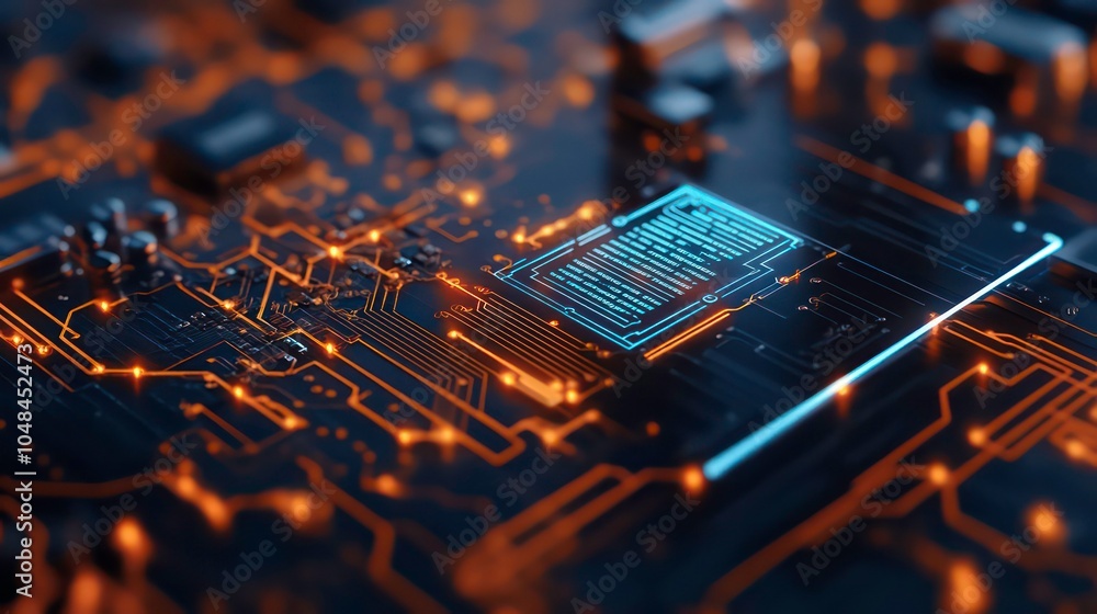 Aufkleber close-up of a circuit board with a glowing blue processor chip.