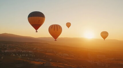 Naklejka premium A vibrant sunrise with several colorful hot air balloons rising into the sky, the soft light illuminating the distant hills below