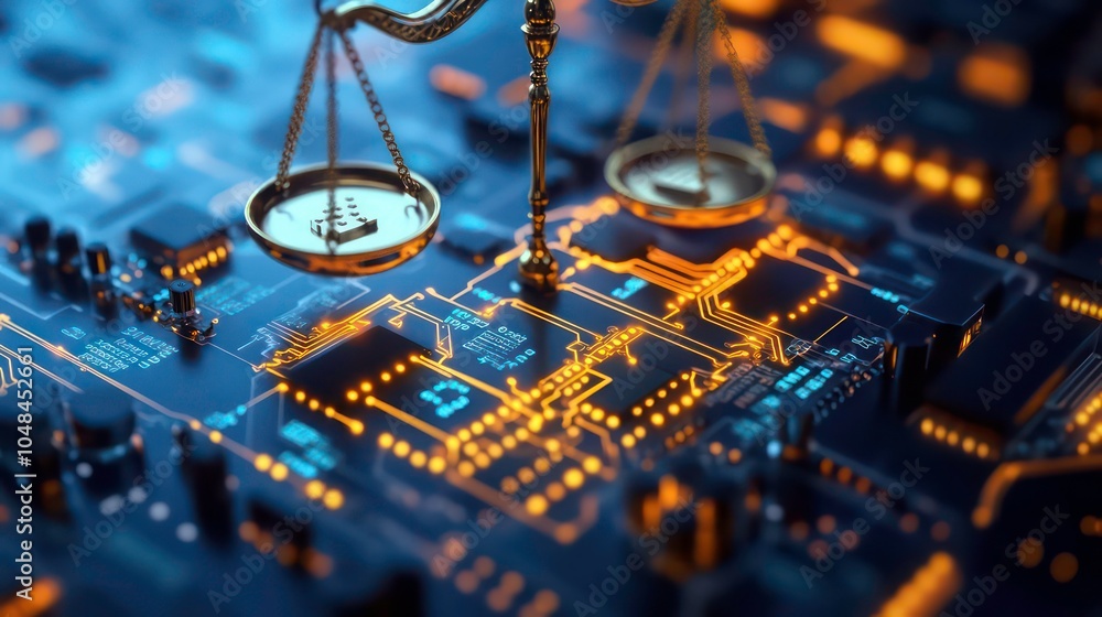 Aufkleber a golden scale of justice sits on a circuit board, symbolizing the intersection of law and technolog