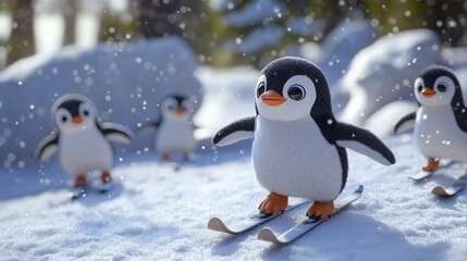 Fototapeta premium Group of cute cartoon baby penguins skiing down a snowy slope with gentle snowfall for holiday marketing visuals.