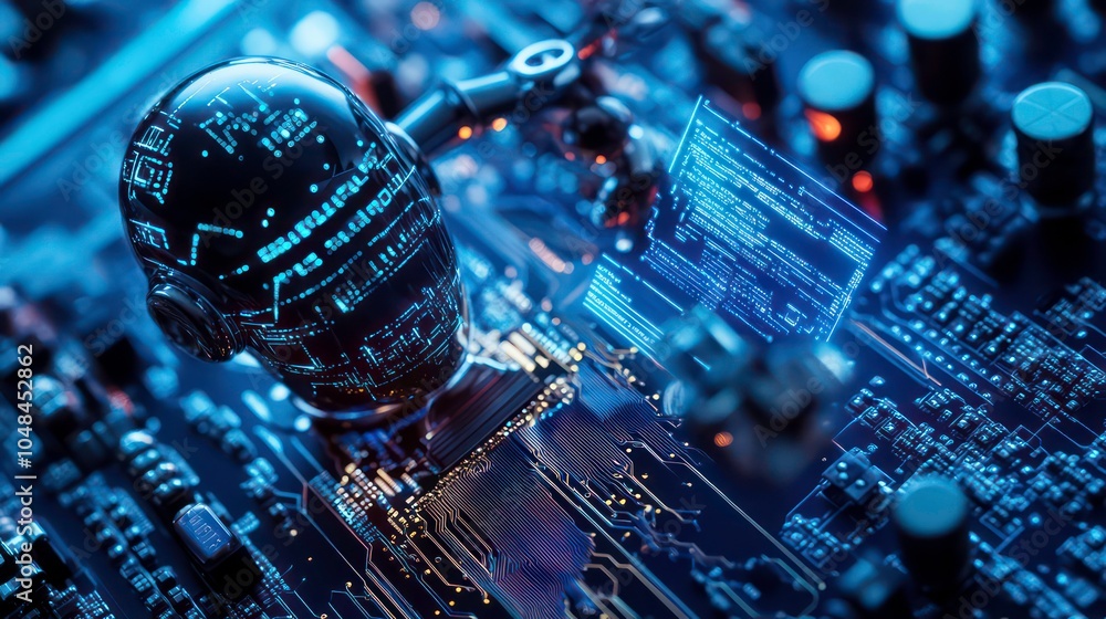 Poster a glowing, digital human head sits on a circuit board with glowing code surrounding it.