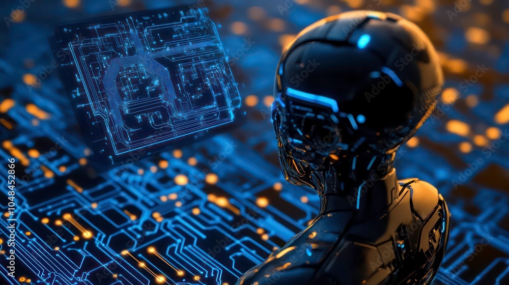 Leinwandbilder a futuristic robot with a glowing blue head looks at a holographic cube of data on a circuit board.