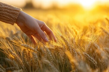 Serene close-up of a hand gently touching ripened golden wheat in a sunlit field at sunset capturing the essence of agriculture and harvest dreams in a tranquil rural setting