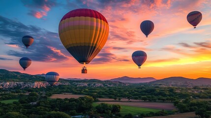 Naklejka premium A vibrant sunset sky with multiple hot air balloons floating above a serene countryside, the sky glowing with shades of orange and pink