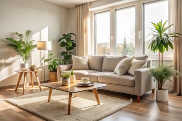 Fototapeta premium Cozy Minimalist Living Room Design with Natural Light, Soft Textures, Neutral Colors, and Simple Decor for Relaxation and Comfort in a Modern Home Environment