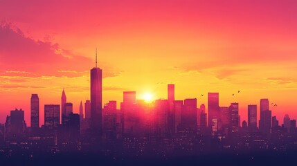 Fototapeta premium A vibrant sunset sky with the silhouette of a bustling city skyline, the buildings outlined against the glowing orange and pink horizon