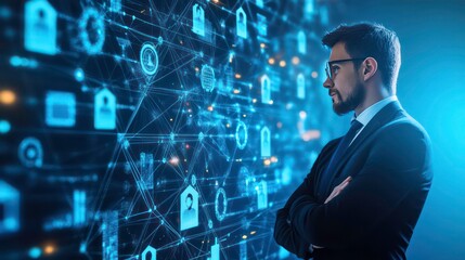 A businessman with arms crossed, looking at a wall of digital data and icons, contemplating the future of technology.