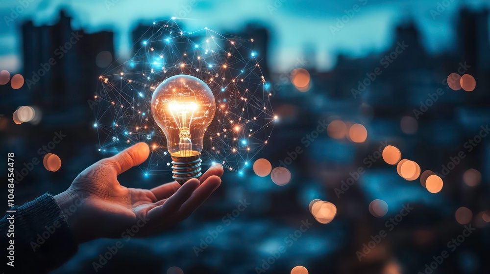 Poster a hand holding a glowing light bulb with digital network connections against a blurred cityscape bac