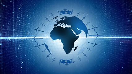 Blue digital technology energy network with earth planet illustration.	

