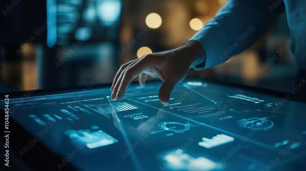 Aufkleber A hand interacts with a futuristic touch screen interface displaying data and charts.