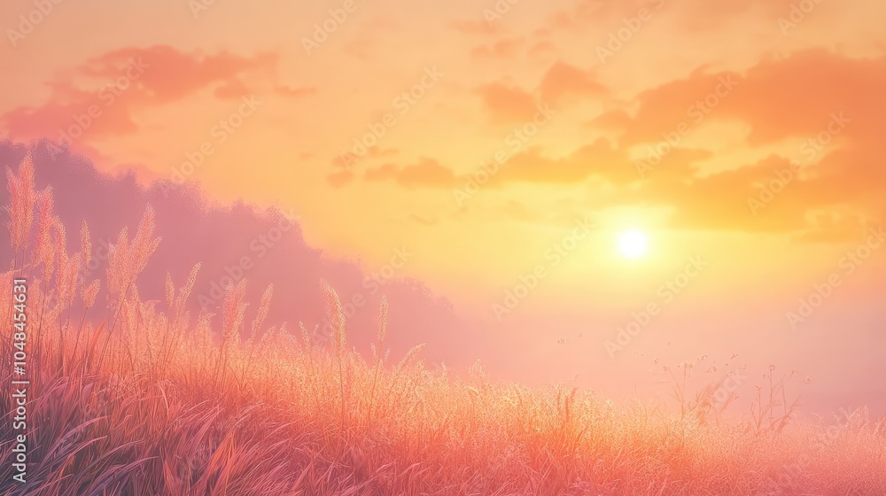 Poster a warm hazy sky at sunset with soft orange and pink tones casting a diffused glow through the fog ov