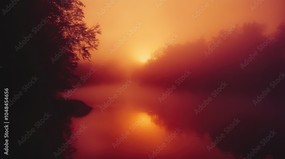 Poster a warm hazy sky at sunset with soft orange and pink tones casting a diffused glow through the fog ov