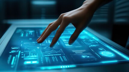 A hand interacts with a futuristic touchscreen interface displaying various data and graphs.