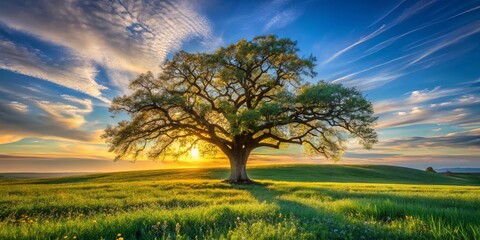 A solitary tree stands tall against a vibrant sunset, its branches reaching towards the sky, casting long shadows across the lush green meadow.