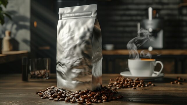 Realistic coffee bag product mockup featuring a blank label for branding, complemented by a steaming cup of coffee and scattered coffee beans. packaging designs,branding, visual merchandising