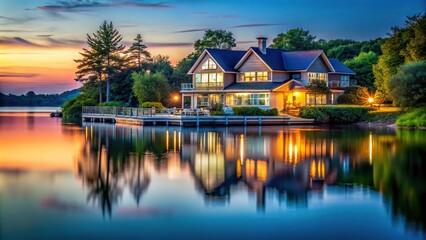 Obraz premium Tranquil evening view of waterfront house at sunset