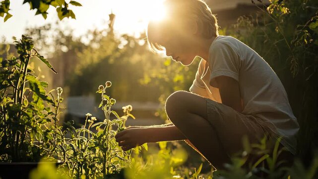 Stock minimalist photograph of a white tan-skinned boy crouched down examining a small plant, in a softly lit garden with sunlight filtering through surrounding foliage