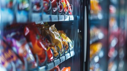 Colorful vending machine full of chips and snacks, ready for hungry customers. Rows of salty and sweet options like chocolate and candy. Perfect for quick purchases in a convenience store