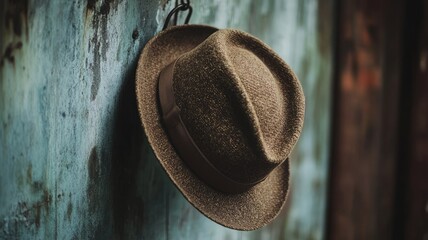 Brown fedora hat with ribbon hanging on wooden wall