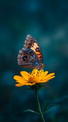 Obraz premium A photograph of a buckeye butterfly with its large, multicolored eyespots on the wings is perched delicately atop yellow petals in natural daylight