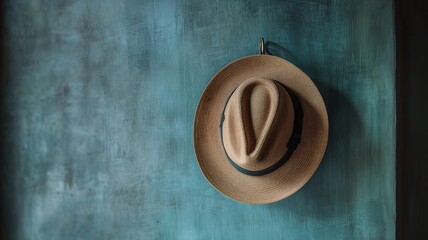 Beige straw hat with black band hanging on teal wall