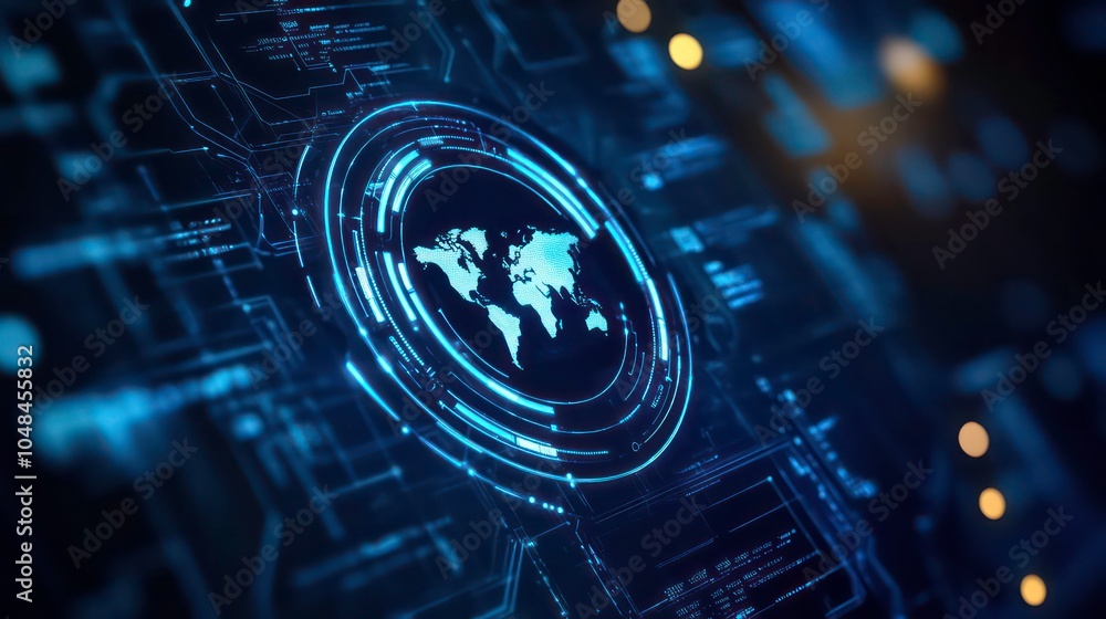 Poster A digital world map is displayed within a glowing circle on a futuristic, technological background.