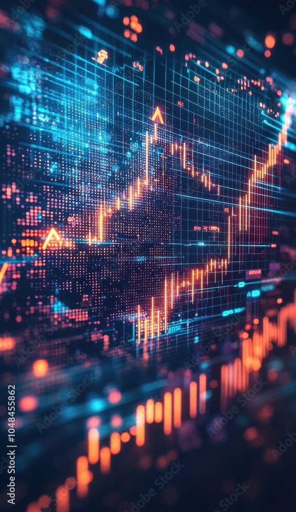 Poster digital background with dynamic financial graphs showing upward trends and global map