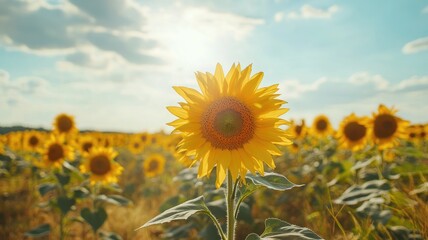 Fototapeta premium Vibrant sunflower blooms in sunlit field under blue sky
