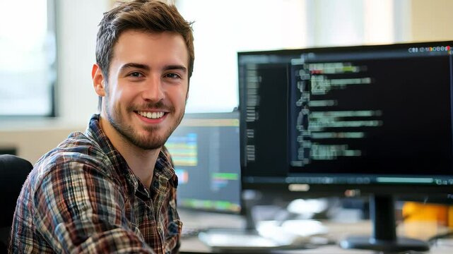 Smiling Caucasian man working as a computer programmer, minimal background focusing on his task and concentration.