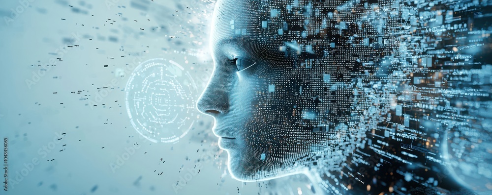 Poster intricate digital face of an ai robot composed of tiny data elements, symbolizing advanced artificia