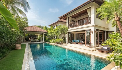 Fototapeta premium Tropical pool and green garden at a suburban villa underscore luxurious living.